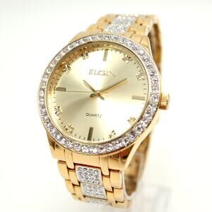 Elgin Mens Gold Tone Gem Set Large 46mm Watch Stainless Steel with New Battery